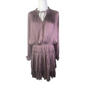 RESET Large Satin Mini Dress Brown Micro Pleats Long Sleeve